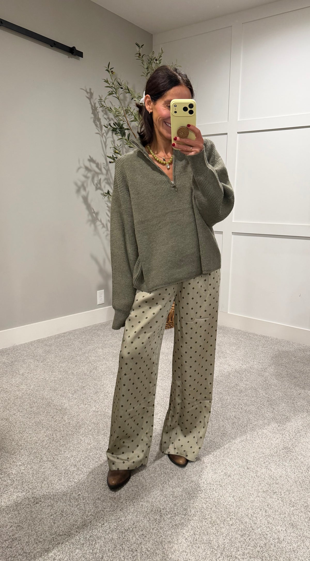 Olive Satin Polka Dot Pants | Light/Olive Green