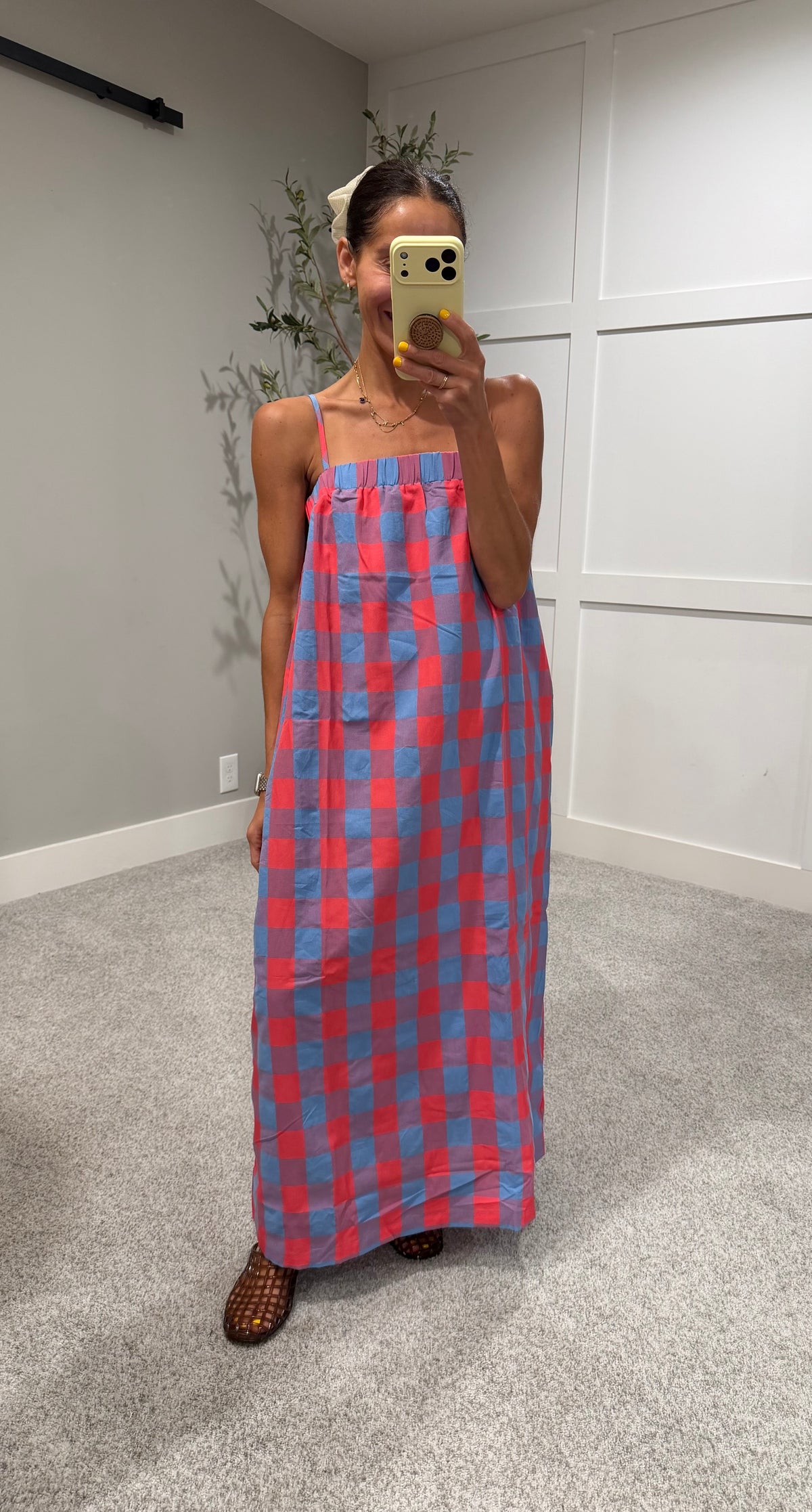 Full Length Cherry Blue Checkered Dress