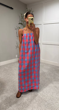 Full Length Cherry Blue Checkered Dress