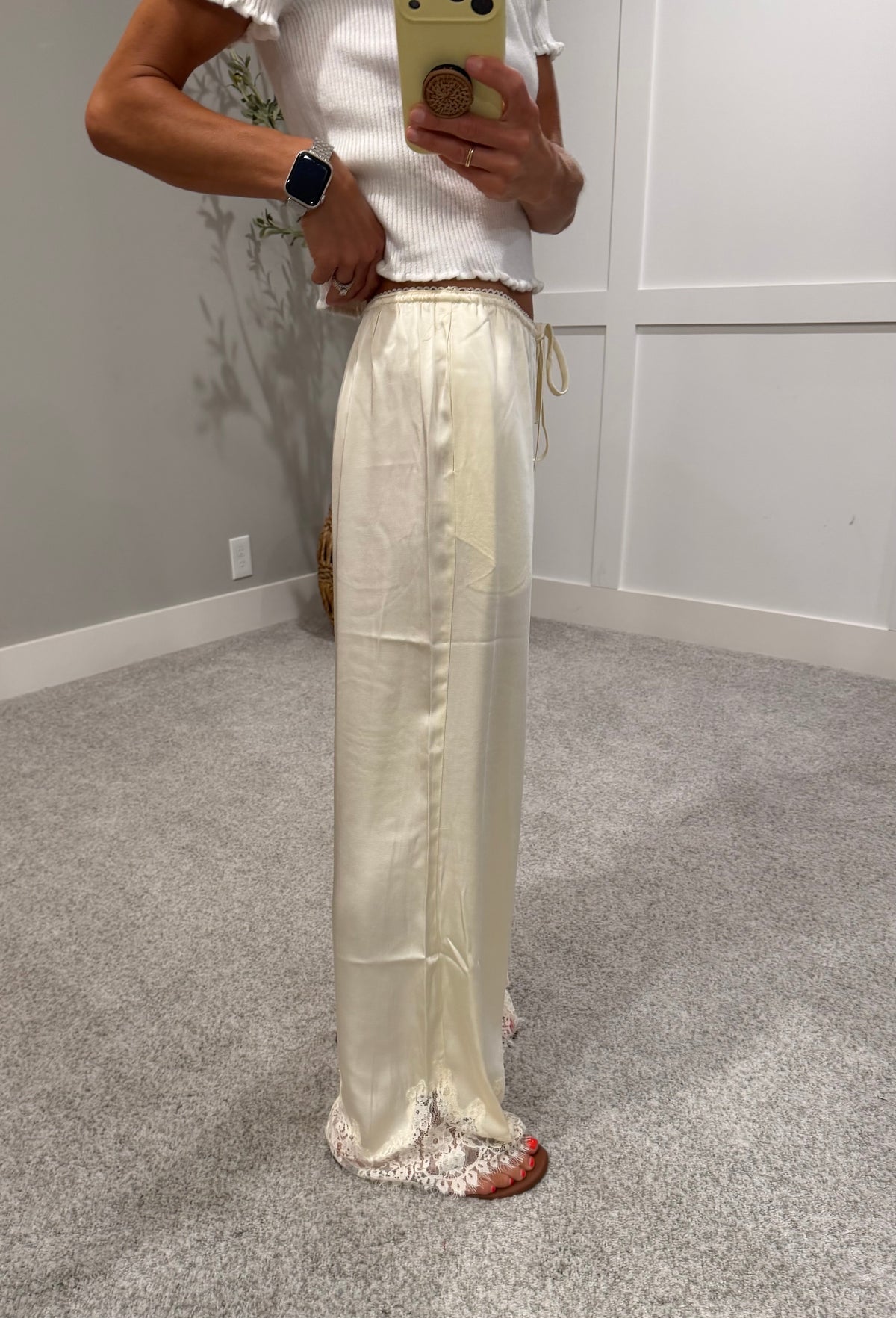 Mireya Satin Lace Trim Pants | Cream