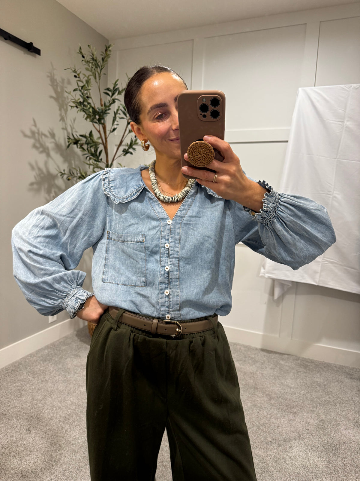 Denim Round Collar Button Down