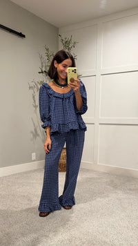Baron Ruffle Pant Set | Navy/Blue Gingham Print