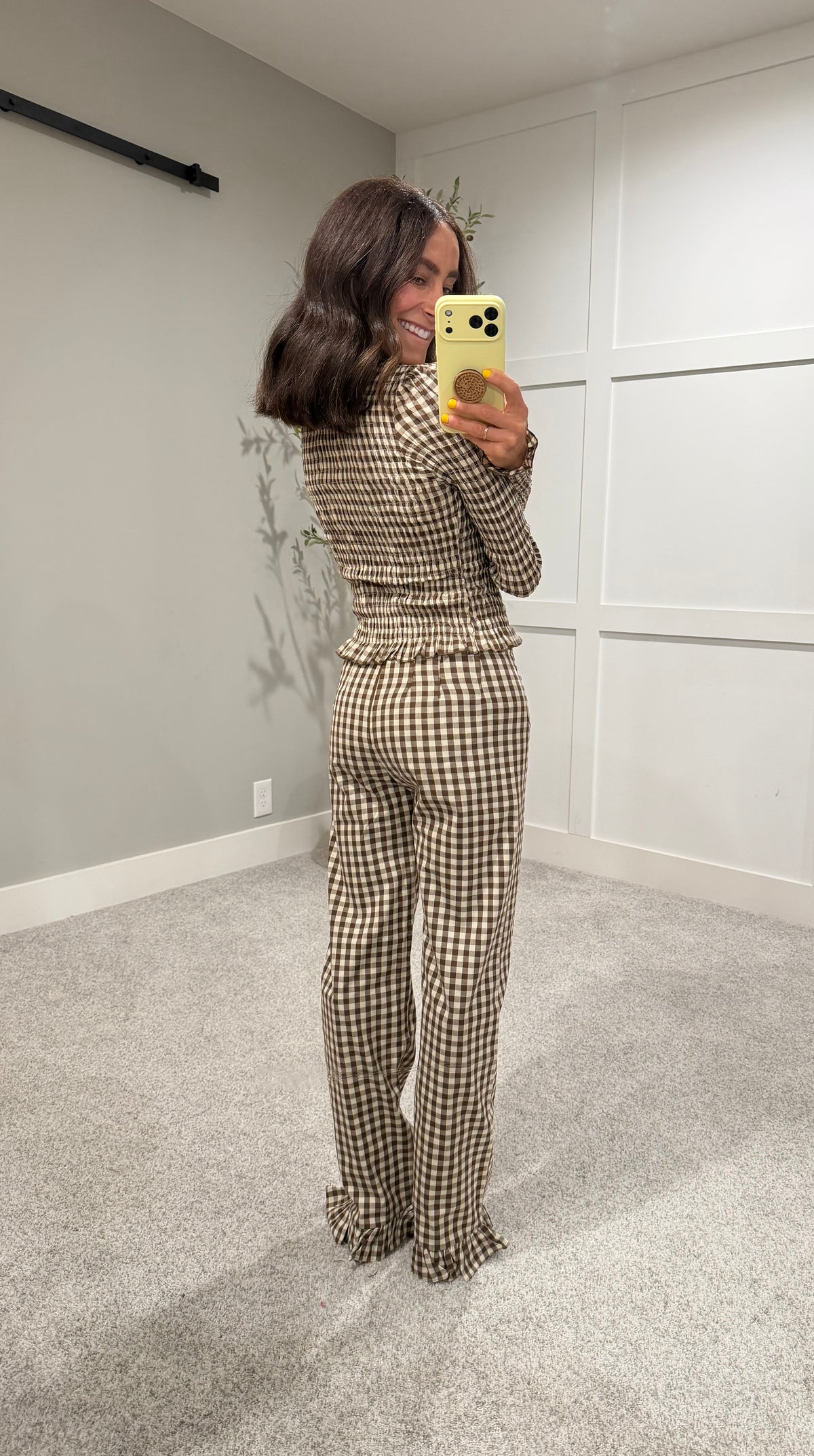 Ashton Ruffle Trim Pants | Brown/Cream Gingham