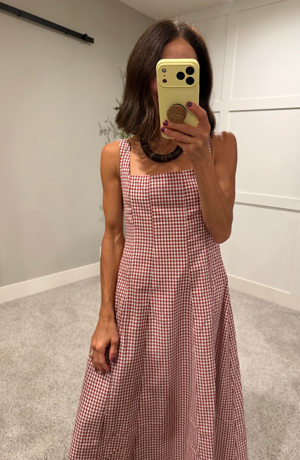 Square neck Gingham Midi Dress | Brick