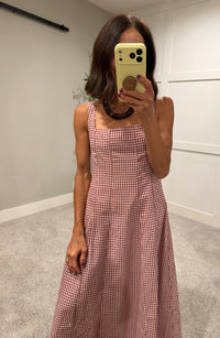Square neck Gingham Midi Dress | Brick