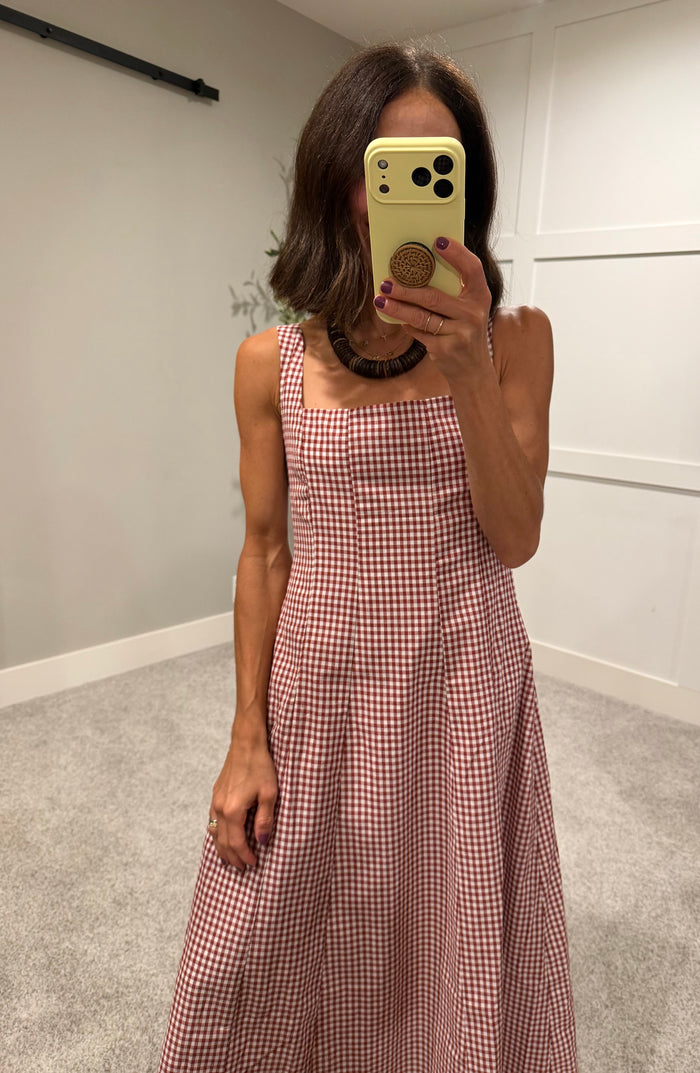 Square neck Gingham Midi Dress | Brick