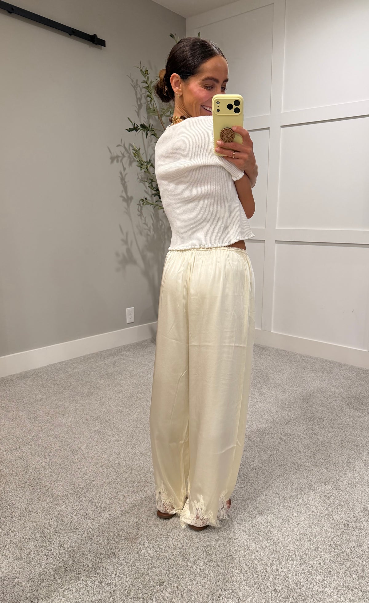 Mireya Satin Lace Trim Pants | Cream