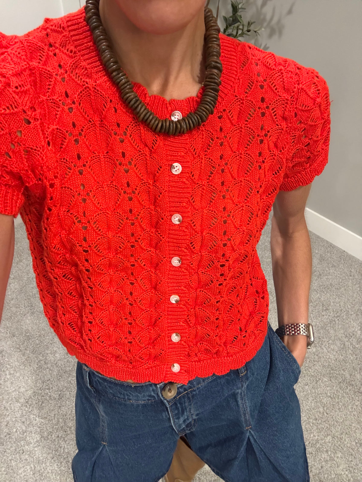 Pointelle Knit Top | Tomato Red