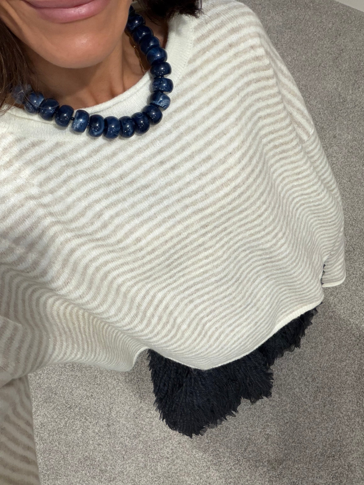 Striped Rolled Neck Sweater-Ecru