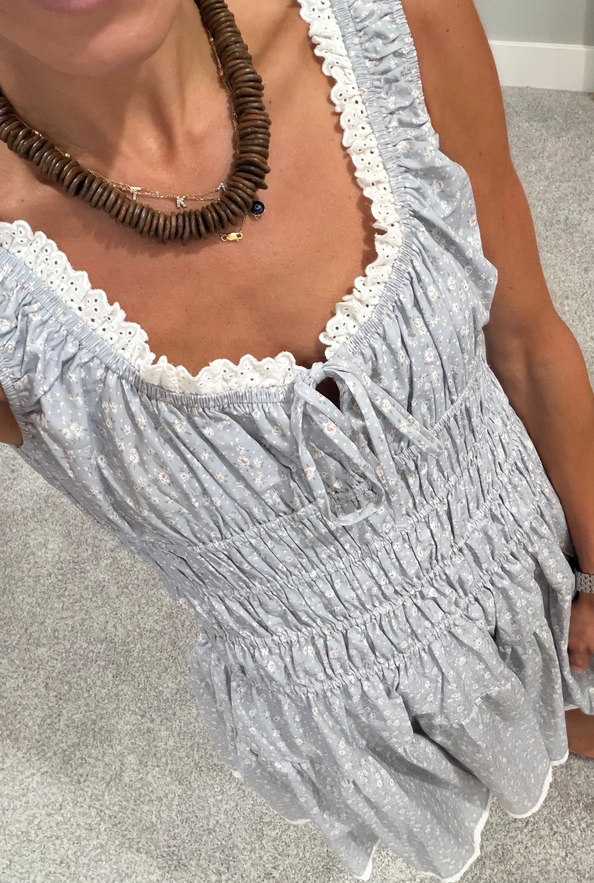 Eyelet Trim Floral Mini Dress