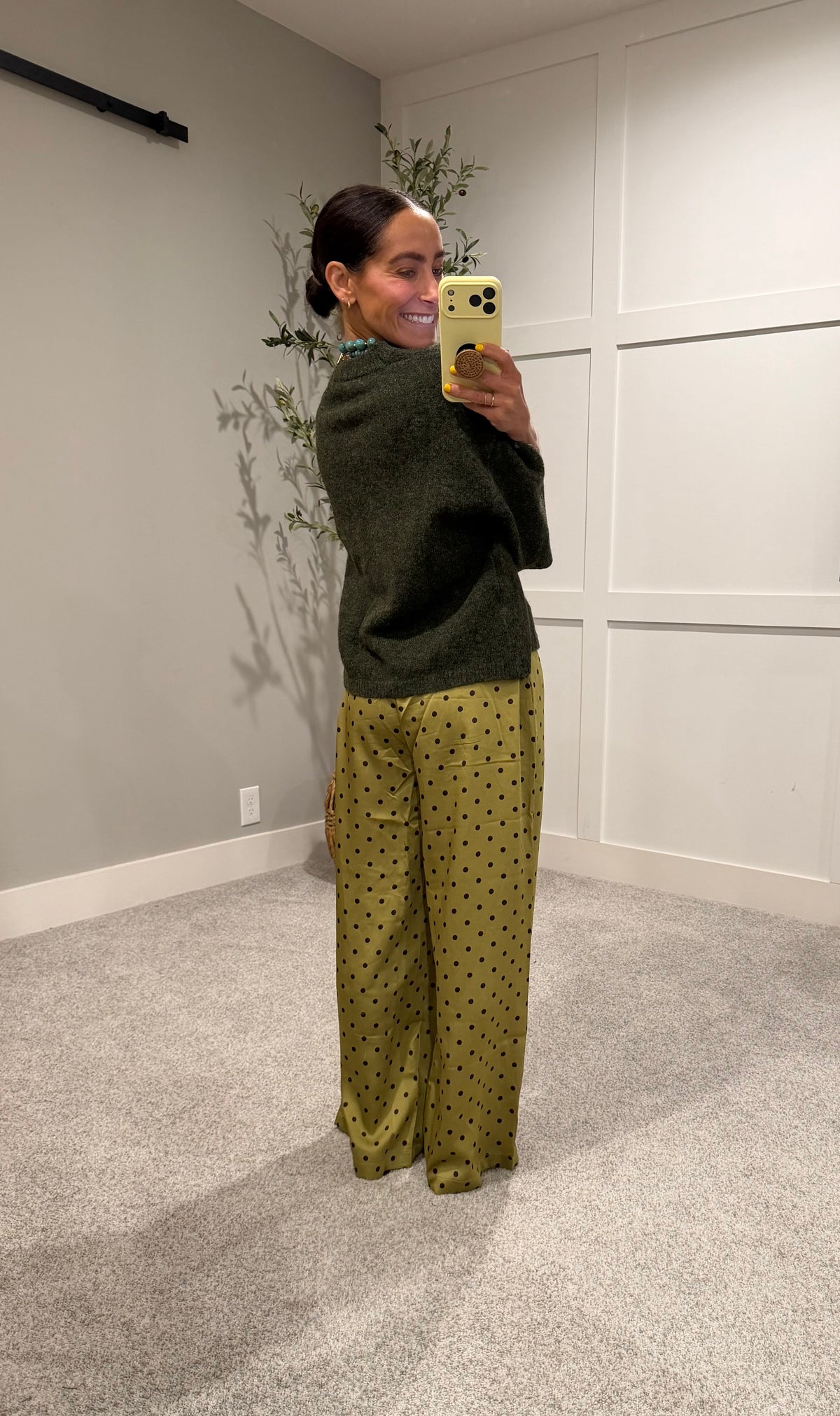 Mossy Satin Polka Dot Pants | Moss Green/Brown
