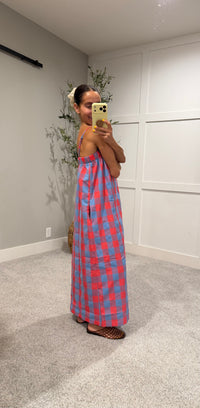 Full Length Cherry Blue Checkered Dress