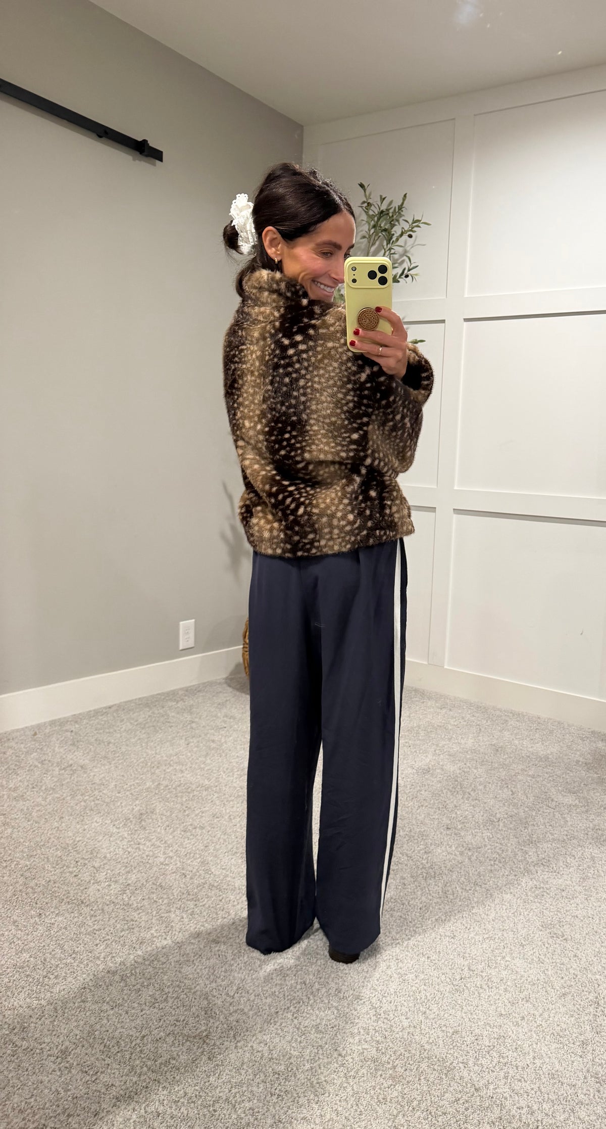 Faux Fur Deer Print Zip Jacket | Dark Taupe-Brown