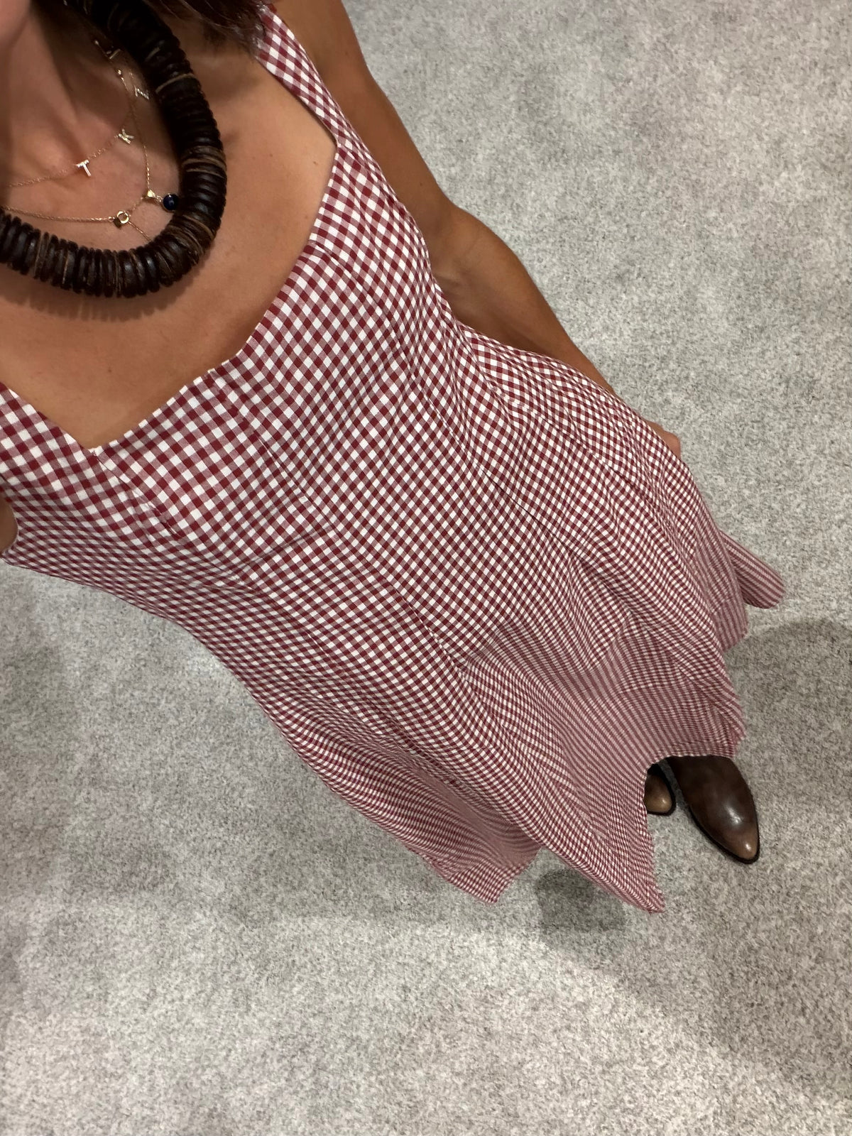 Square neck Gingham Midi Dress | Brick