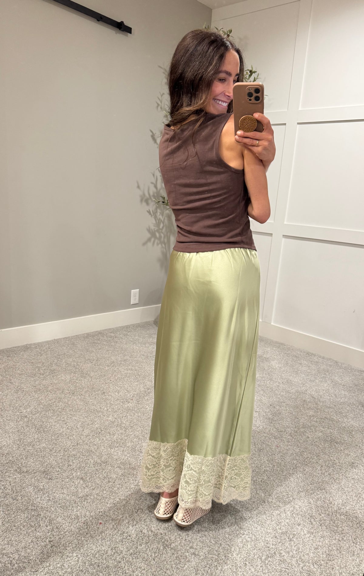 Satin Lace Skirt | Matcha