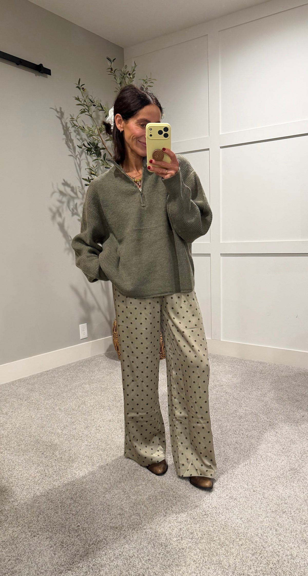 Olive Satin Polka Dot Pants | Light/Olive Green