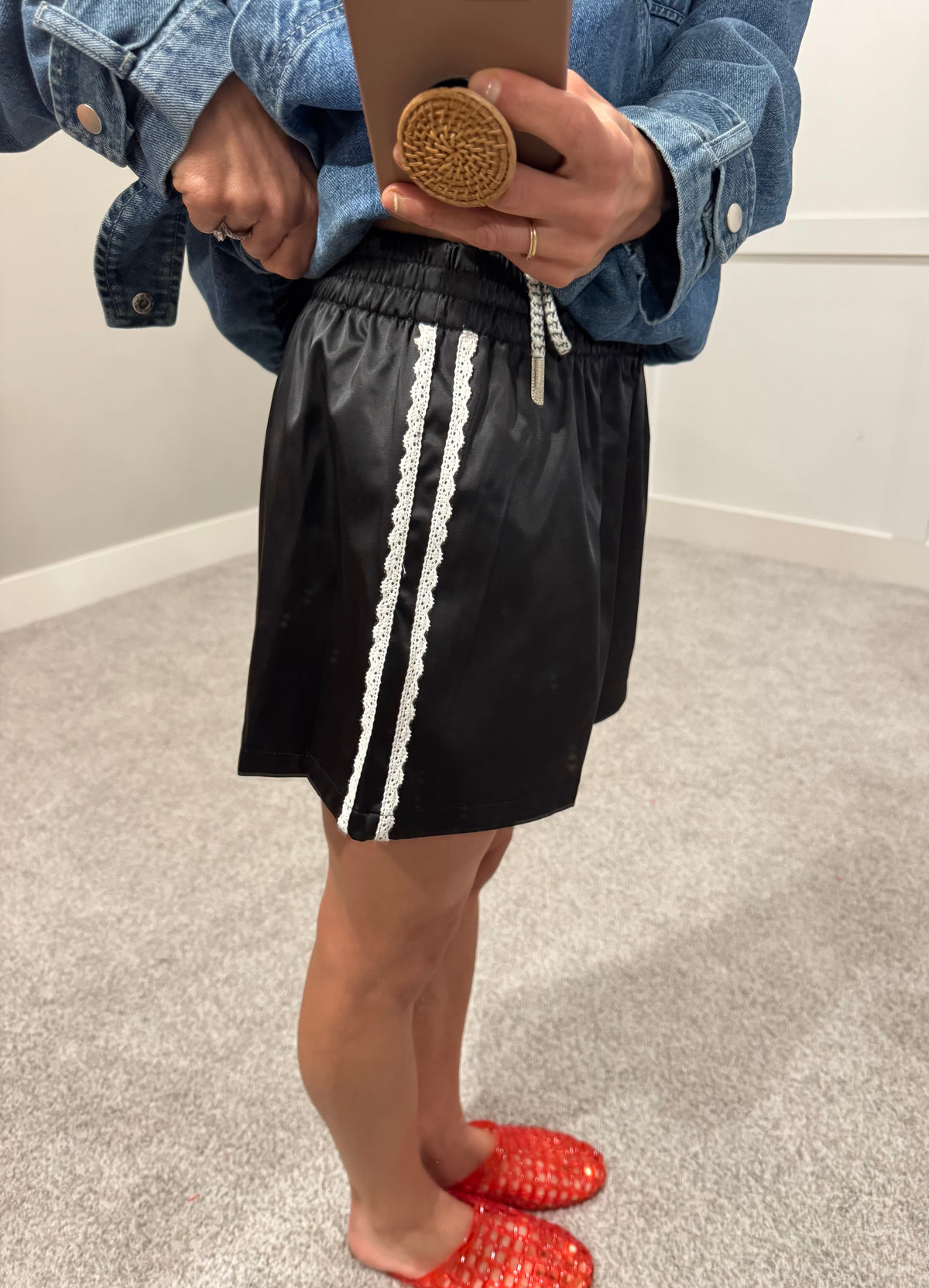 Satin Lace Track Shorts | Black