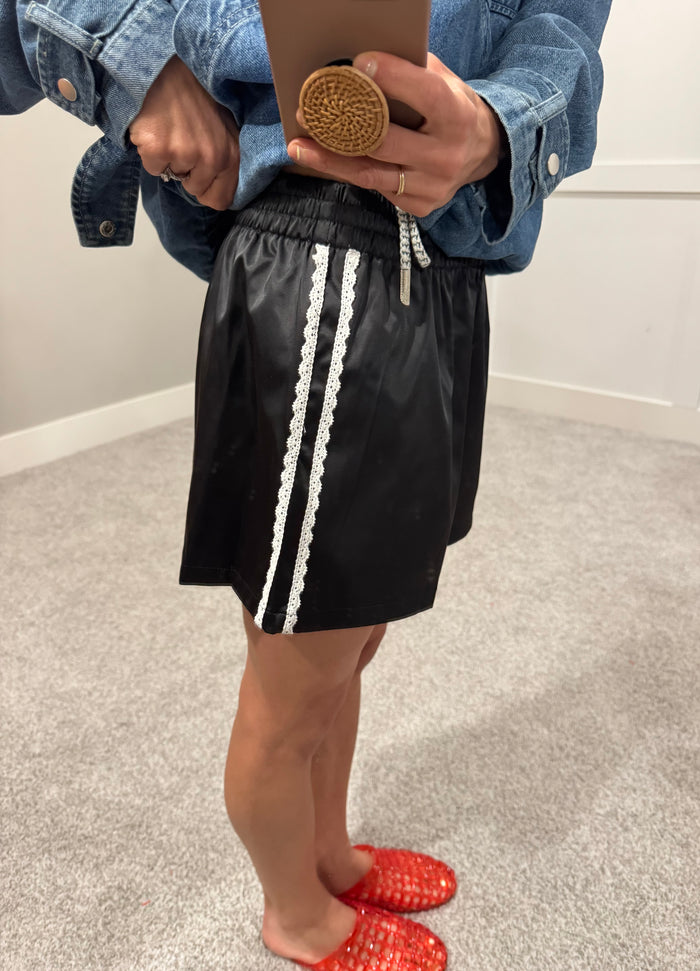 Satin Lace Track Shorts | Black