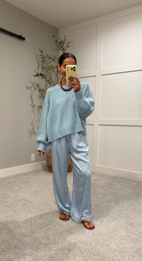 Mireya Satin Lace Trim Pants | Blue