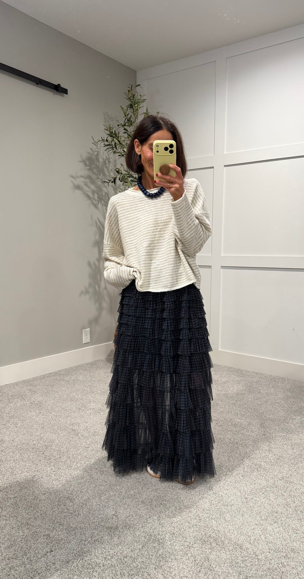 Striped Rolled Neck Sweater-Ecru