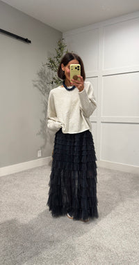 Striped Rolled Neck Sweater-Ecru