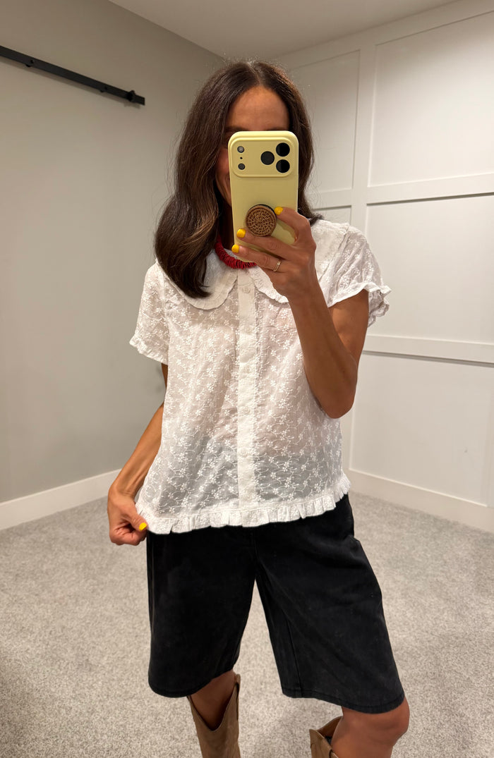 Eyelet Embroidered Peter Pan Collared Top | Off White