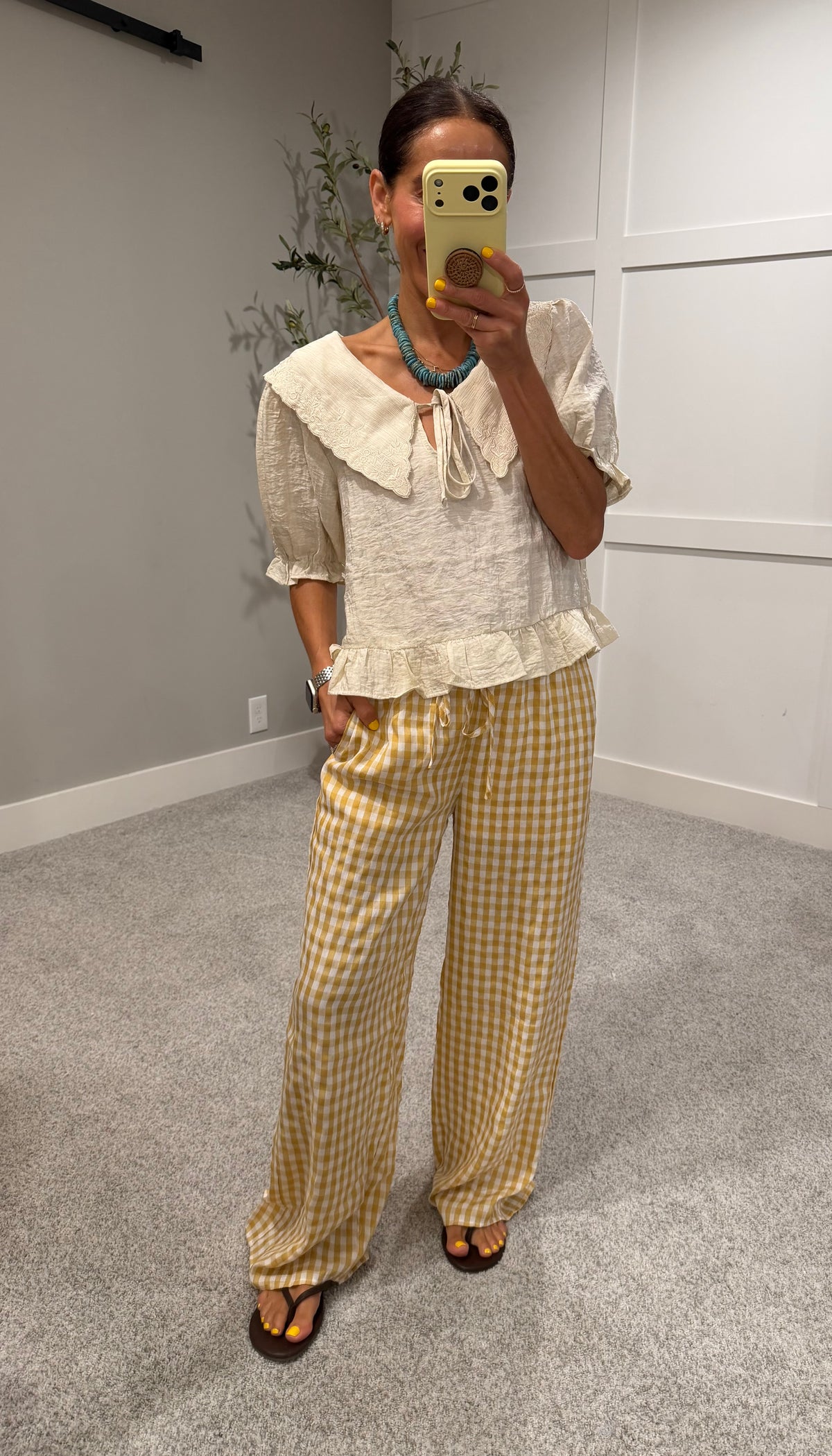 Gingham Print Drawstring Pants | Yellow