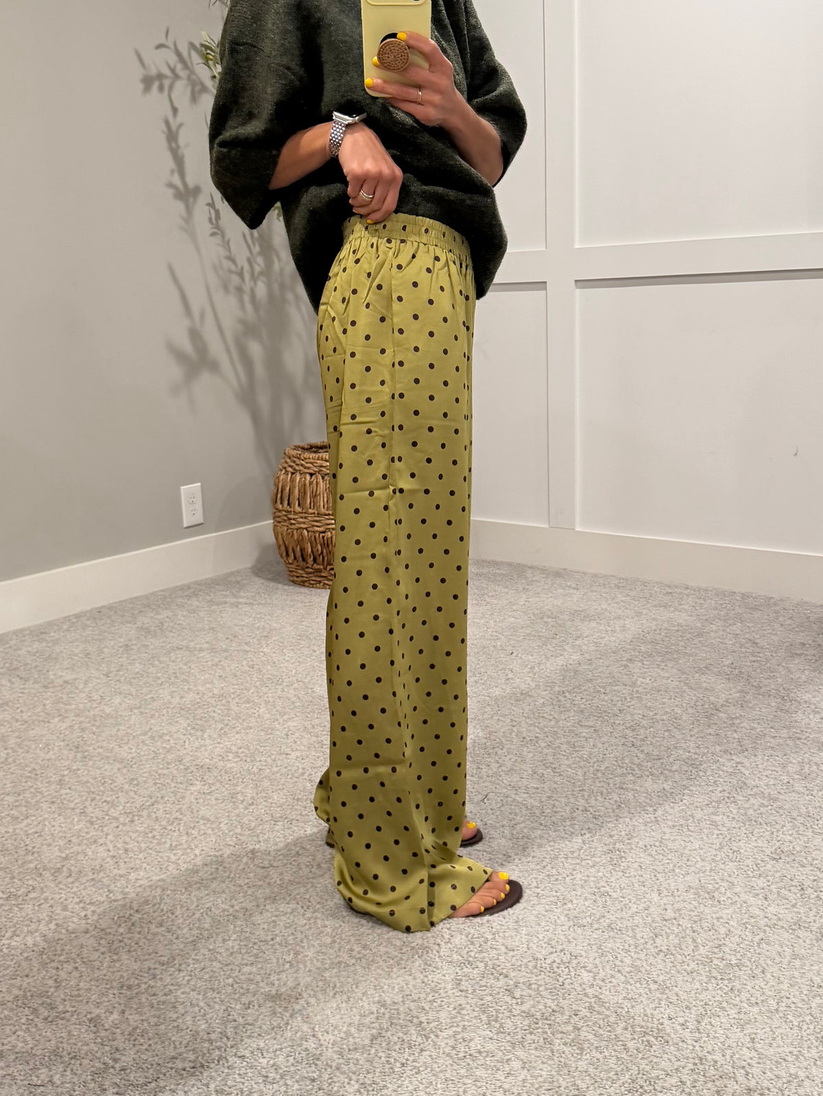 Mossy Satin Polka Dot Pants | Moss Green/Brown