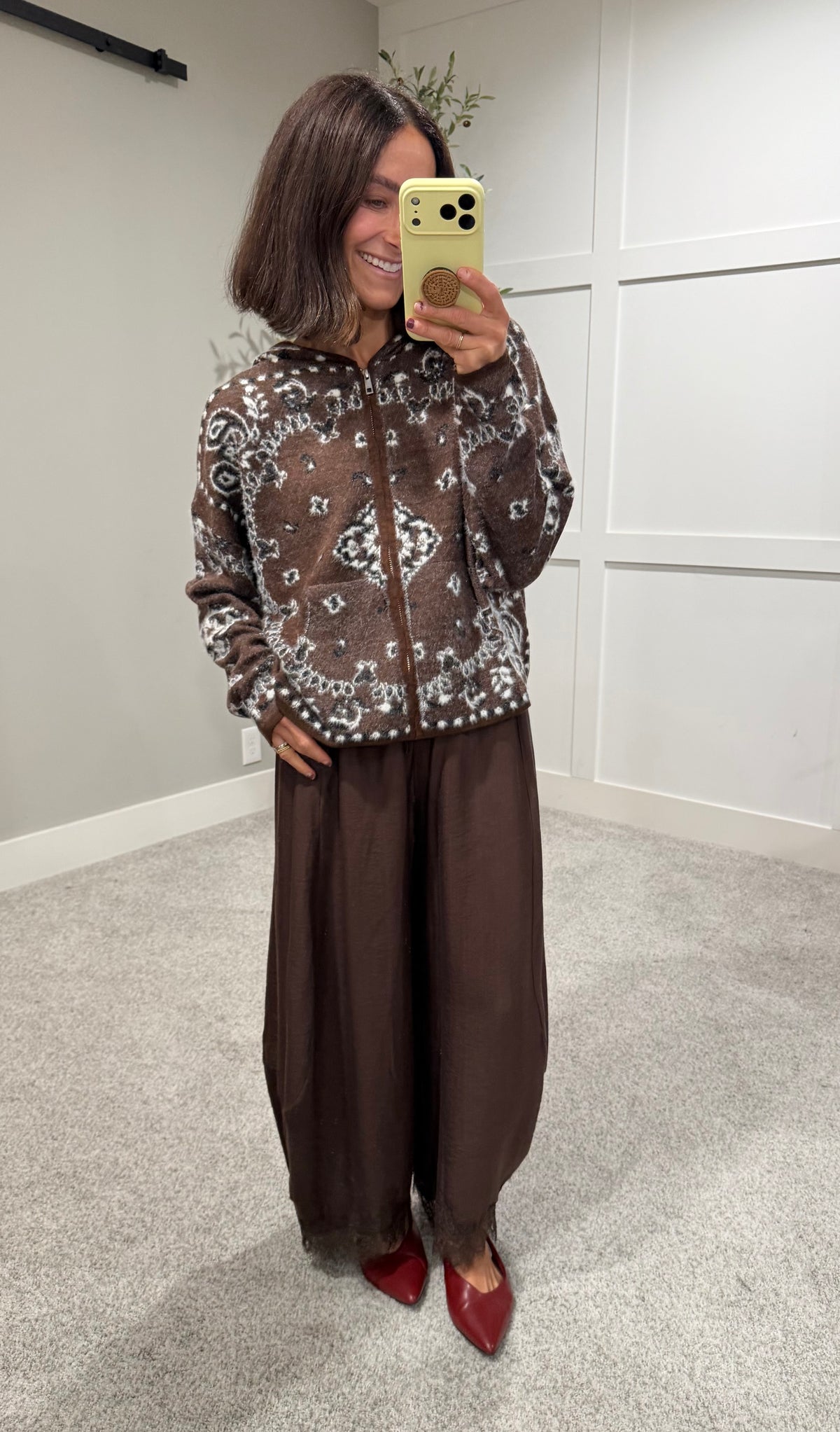 Pine Fuzzy Knit Hoodie Cardigan | Brown Paisley Bandana Print
