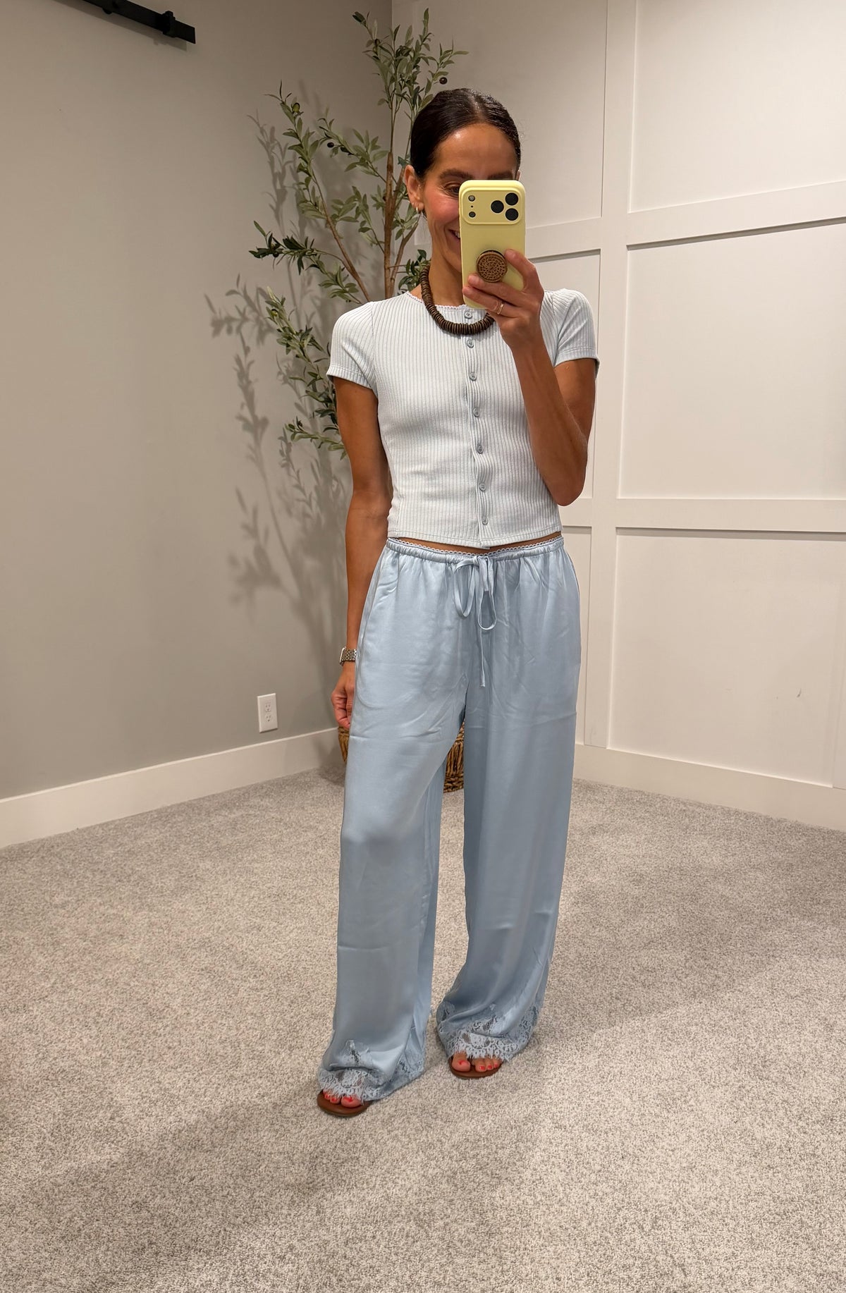 Mireya Satin Lace Trim Pants | Blue