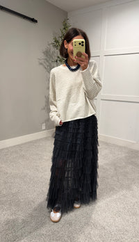 Striped Rolled Neck Sweater-Ecru