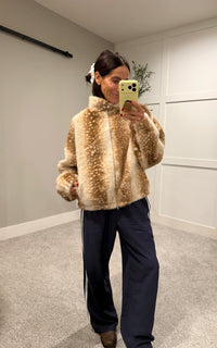 Faux Fur Deer Print Zip Jacket | Light Beige-Brown