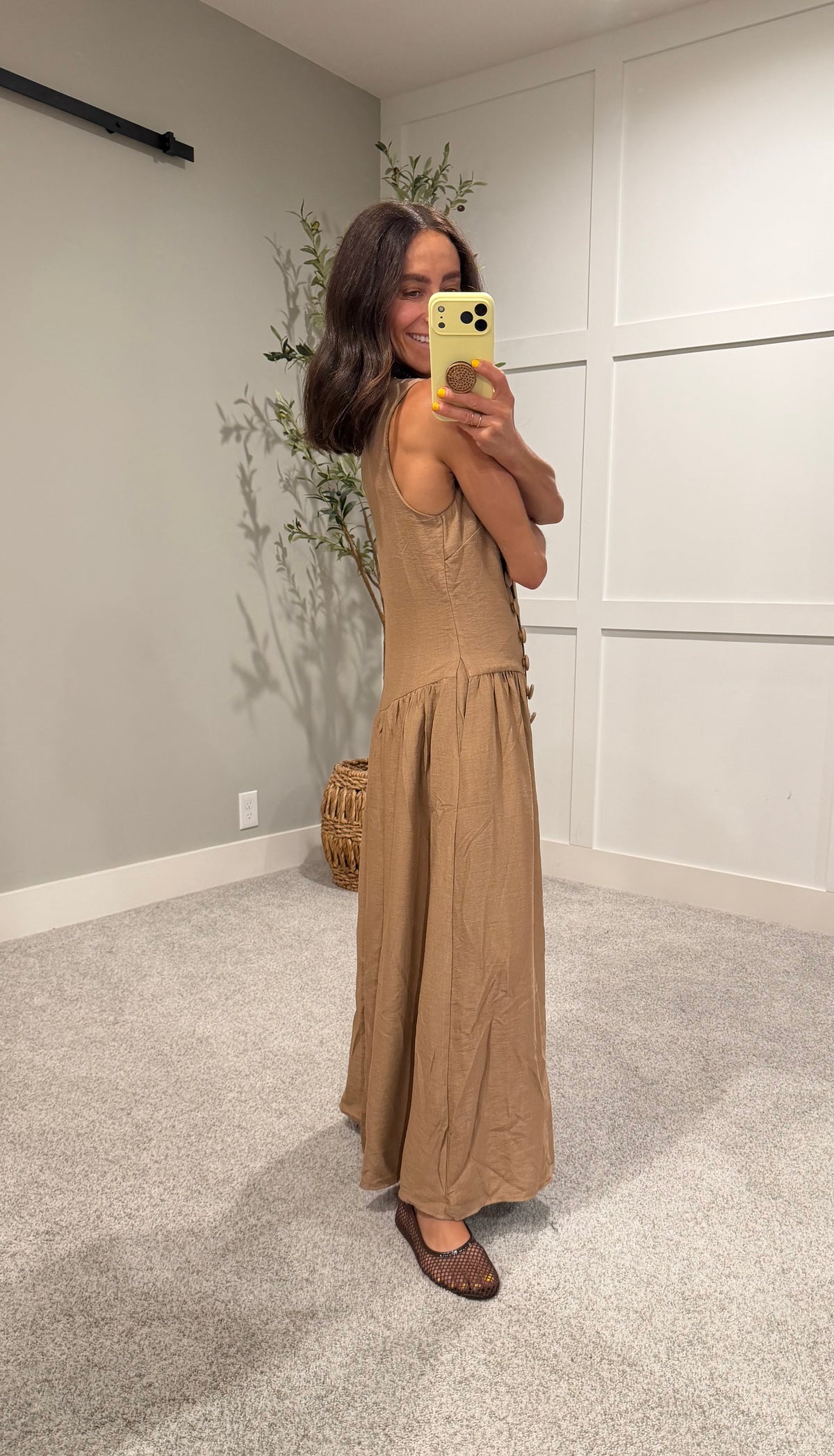 Button Detail Dress | Tan Brown