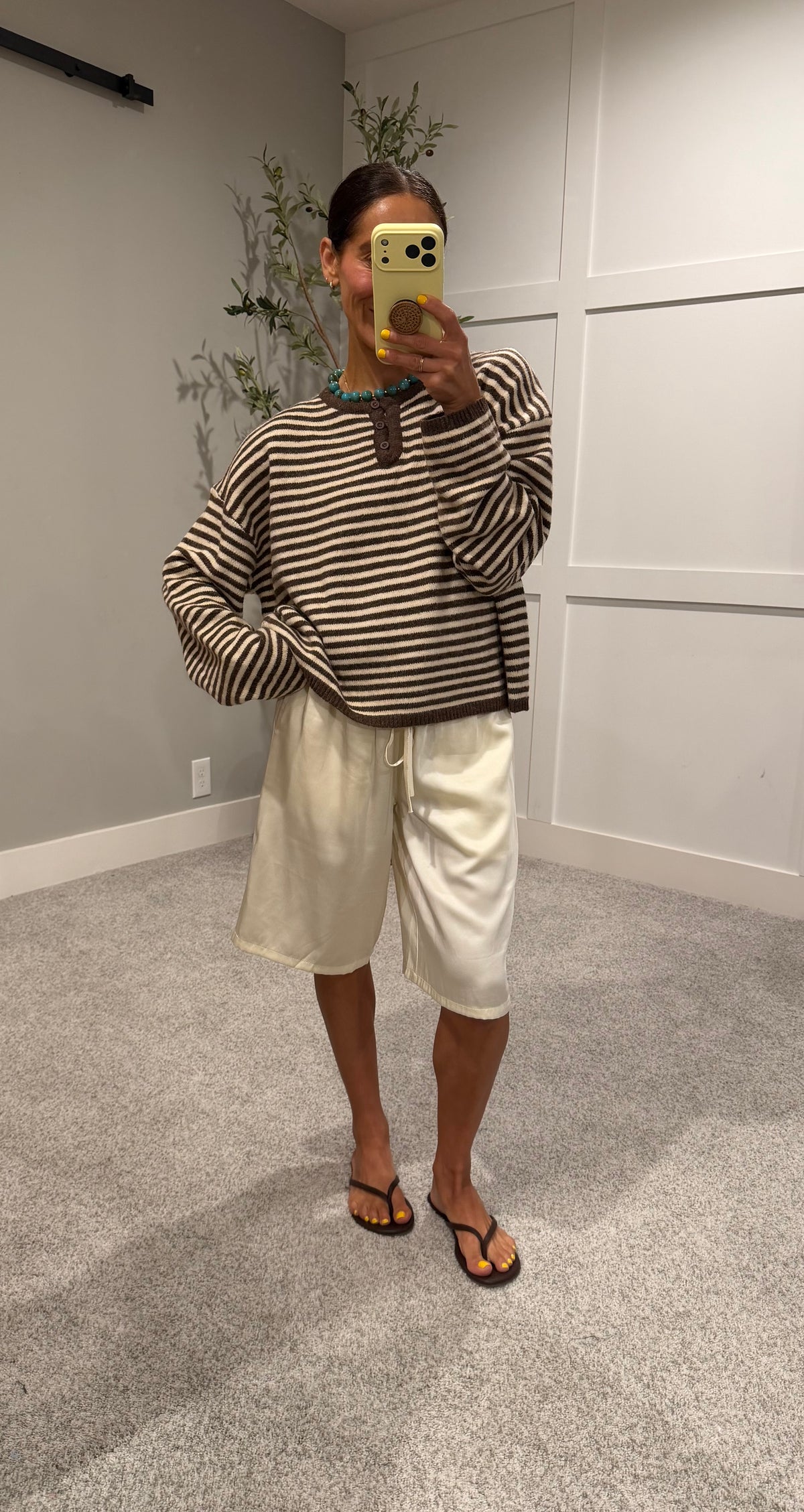 Etta Striped Henley Knit Sweater | Brown/Cream