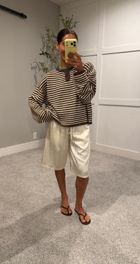 Etta Striped Henley Knit Sweater | Brown/Cream