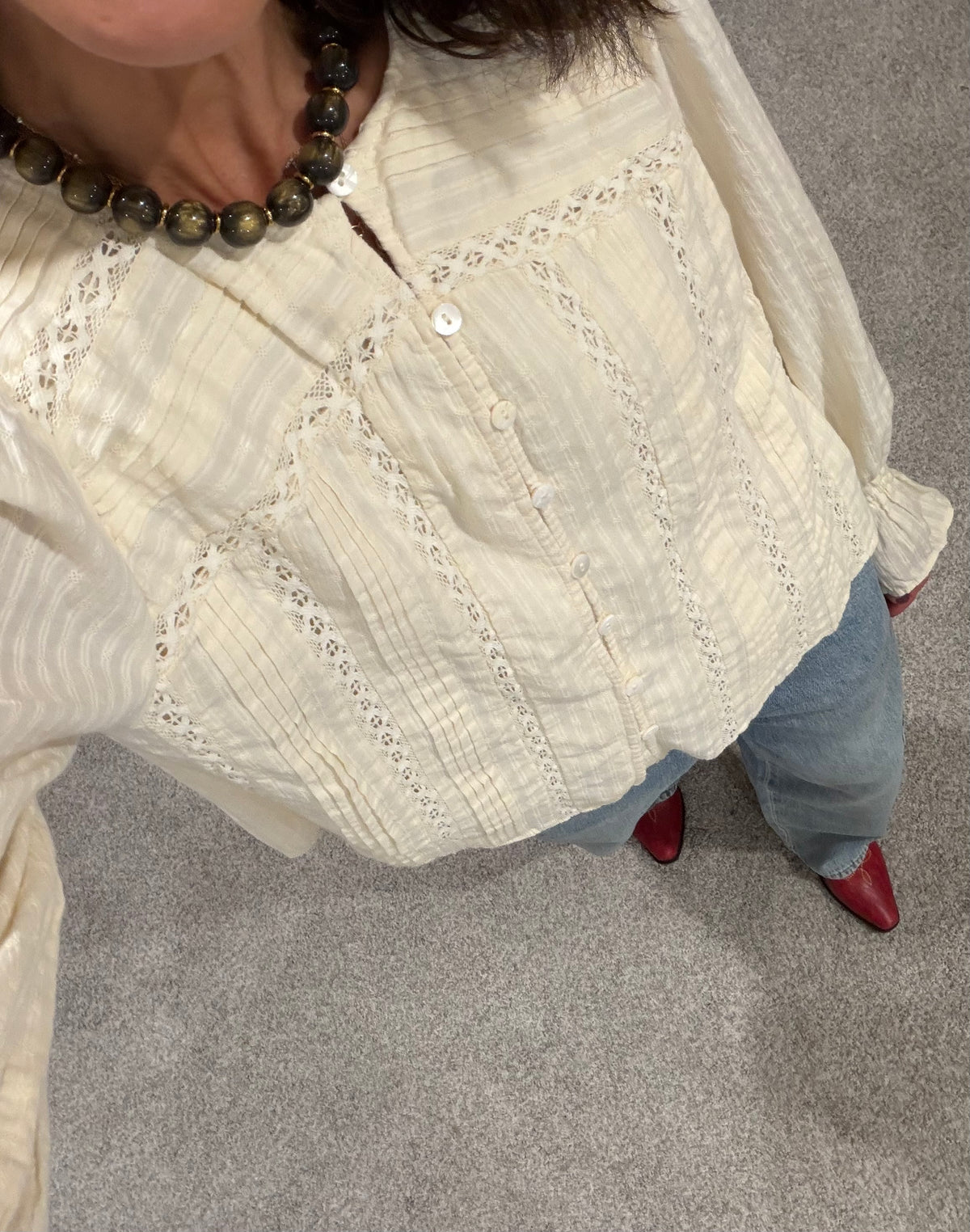 Lace Pintuck Detail Button Blouse | Cream