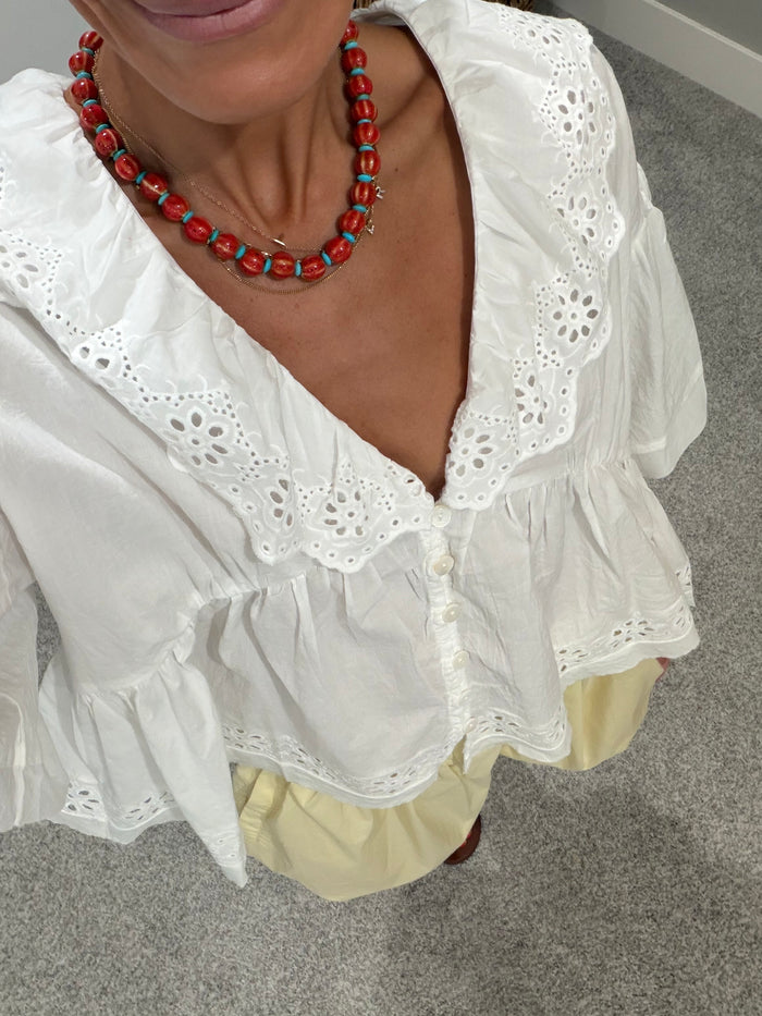 Eyelet Ruffled Blouse | White