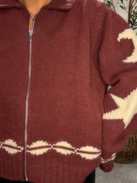 Cozy Pattern Zip Sweater Jacket | Wine