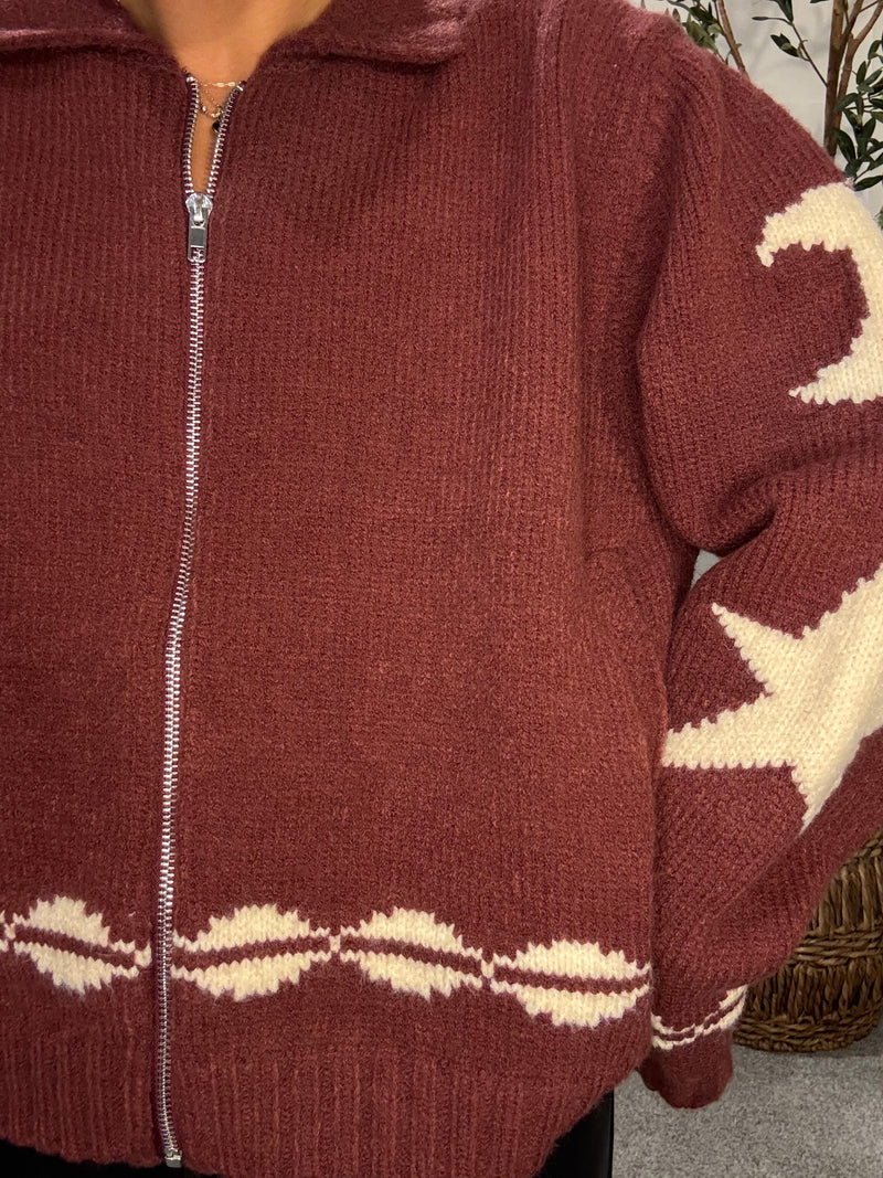 Cozy Pattern Zip Sweater Jacket | Wine