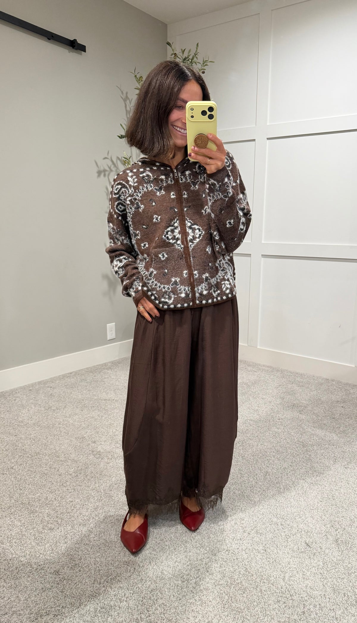 Pine Fuzzy Knit Hoodie Cardigan | Brown Paisley Bandana Print
