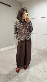 Pine Fuzzy Knit Hoodie Cardigan | Brown Paisley Bandana Print