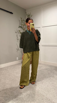 Mossy Satin Polka Dot Pants | Moss Green/Brown