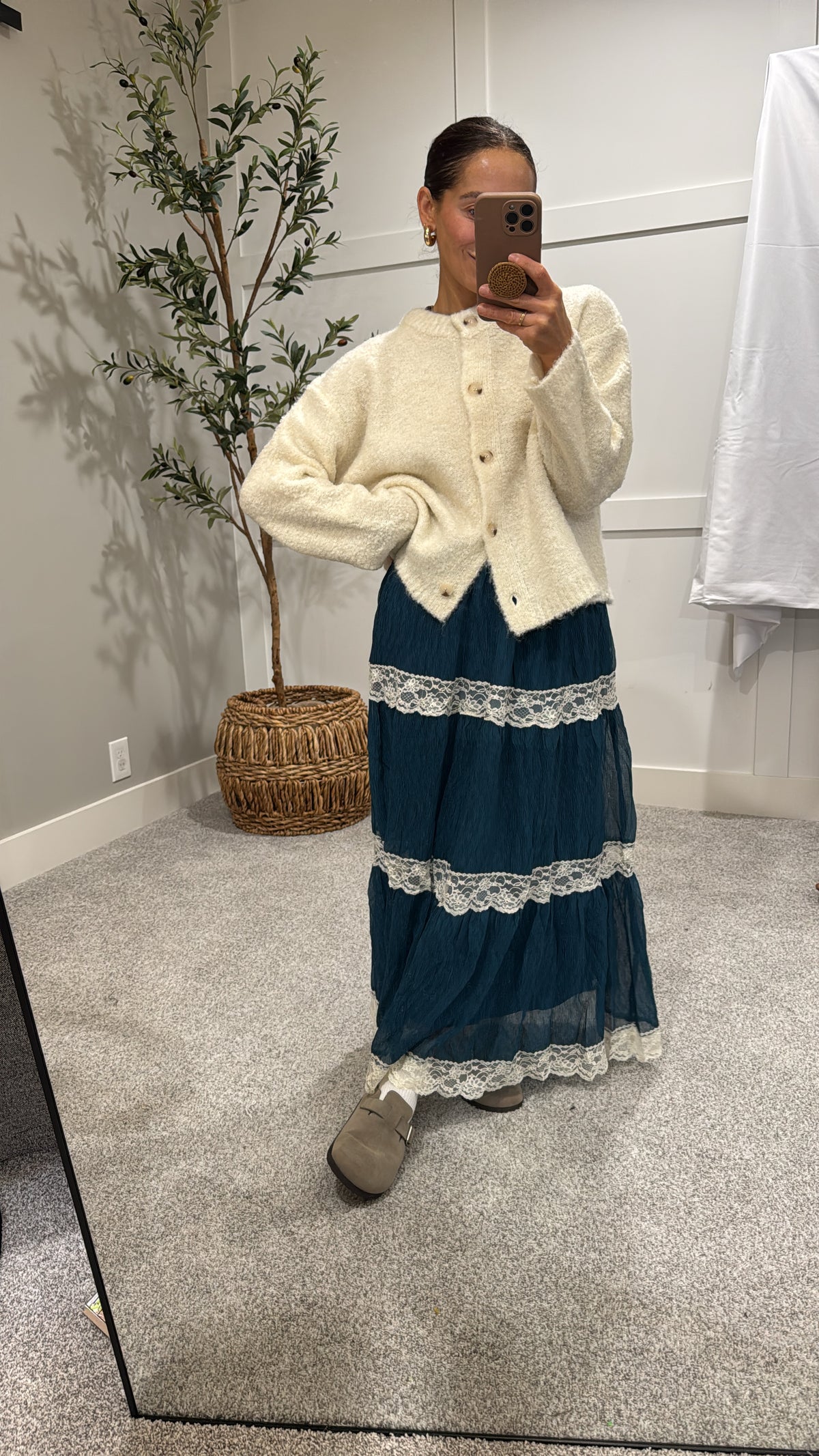 Tiered Lace-Trim Maxi Skirt | Teal Blue