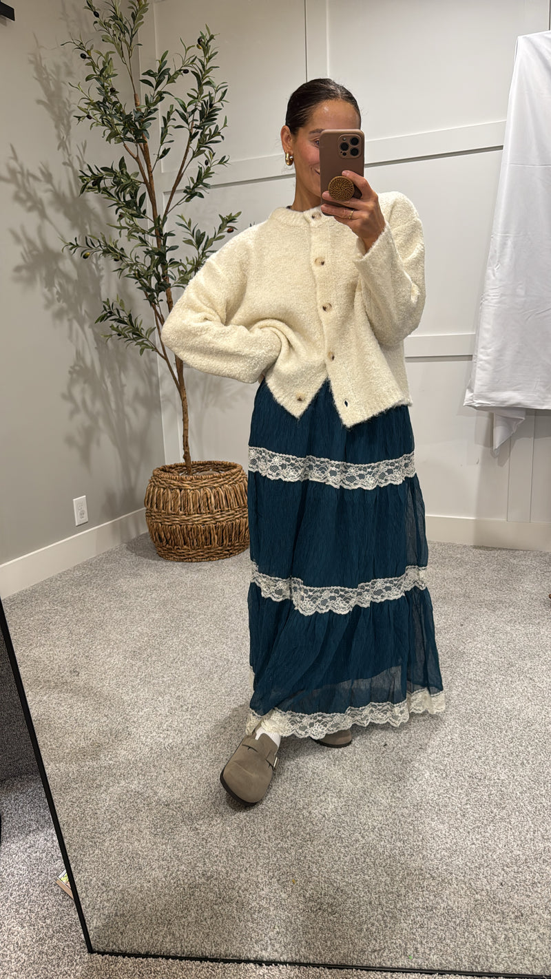 Tiered Lace-Trim Maxi Skirt | Teal Blue