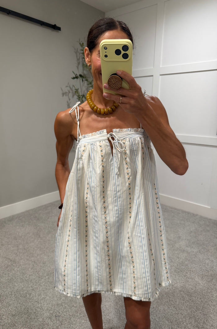 Magnolia Floral Stripe Shoulder Tie Mini Dress
