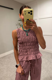Smocked Gingham Peplum Top | Mauve