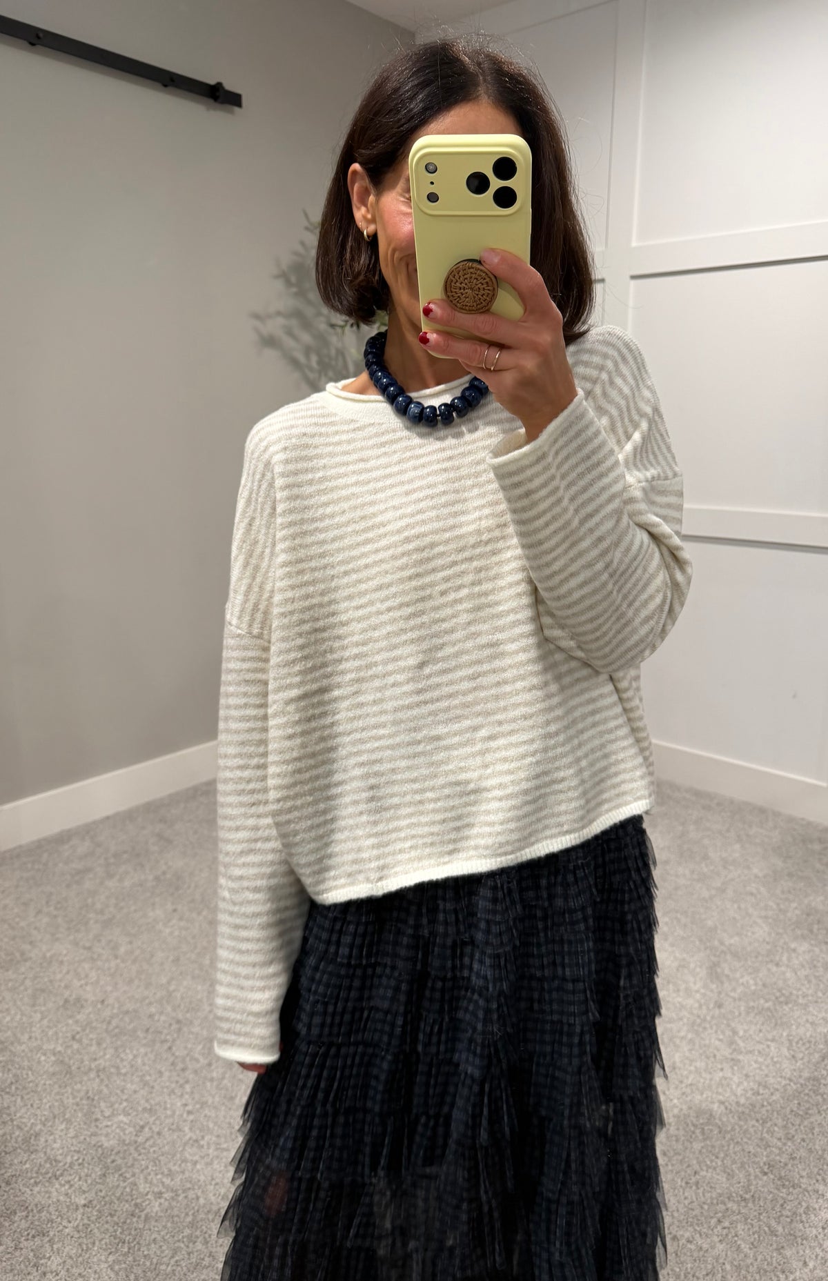 Striped Rolled Neck Sweater-Ecru
