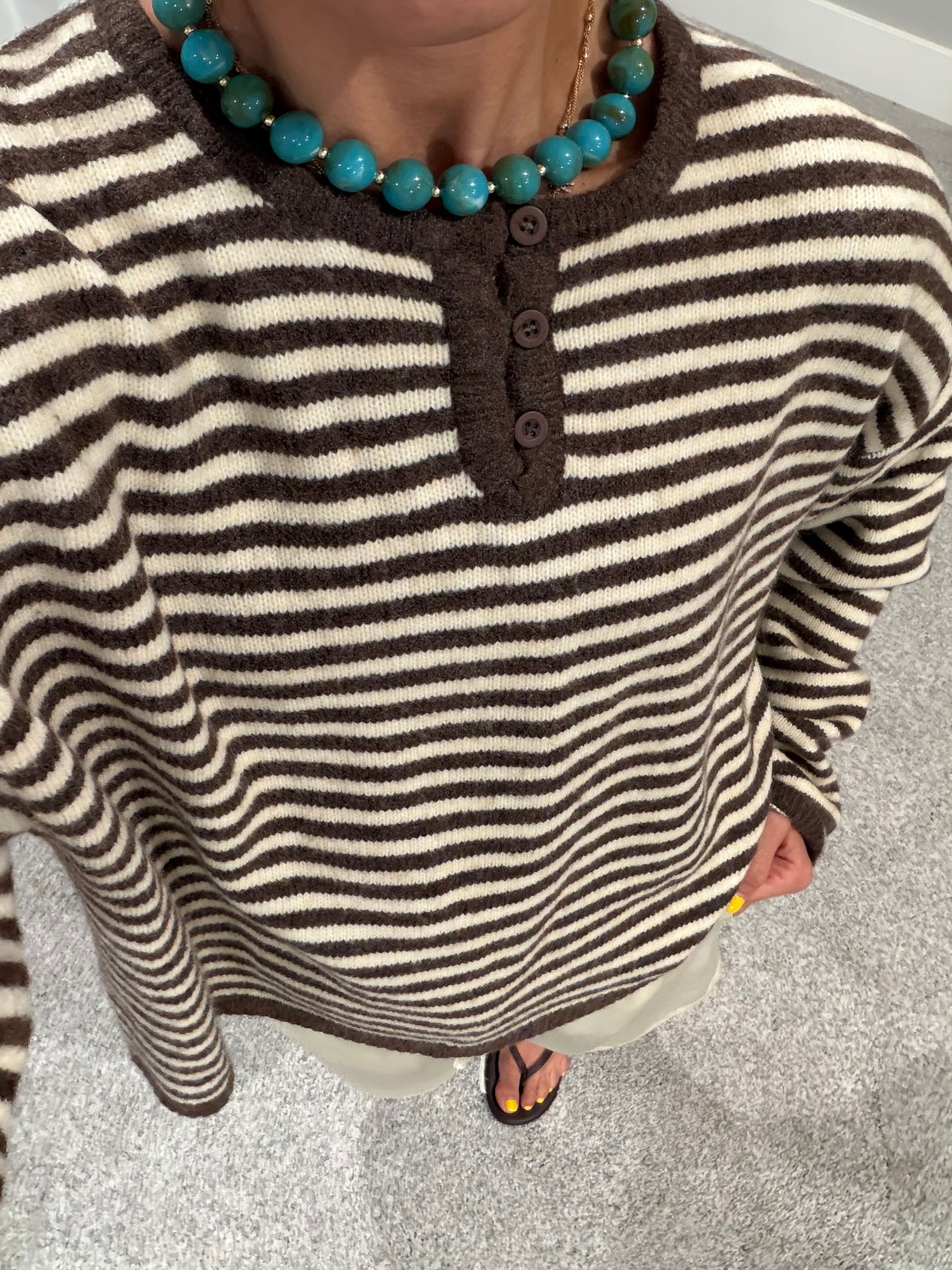 Etta Striped Henley Knit Sweater | Brown/Cream