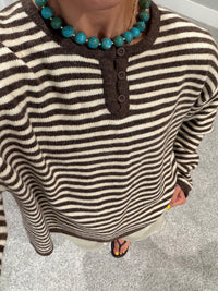 Etta Striped Henley Knit Sweater | Brown/Cream