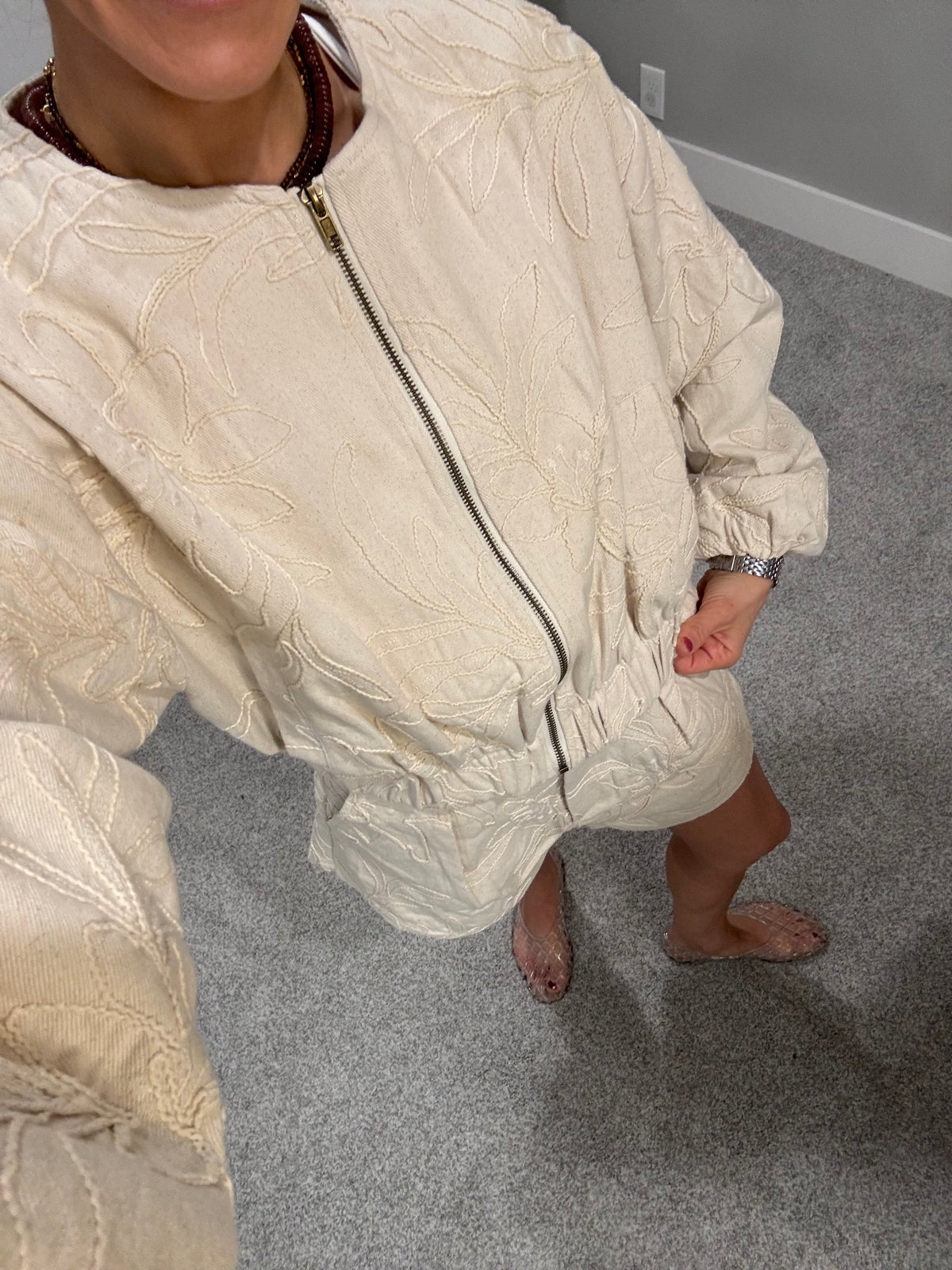 Floral Jacquard Zip Up Jacket